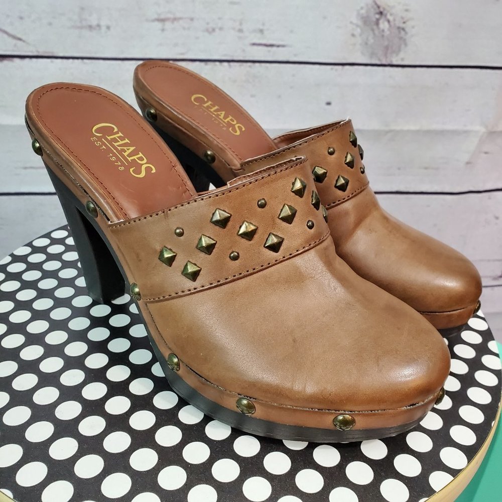 Chaps Susanah Brown SlipOn High Heel Studded Clogs